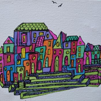 Peinture intitulée "VILLAGE" par Yammes, Œuvre d'art originale, Encre