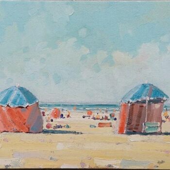 Painting titled "Parasols bleus et r…" by Philippe Euger, Original Artwork, Oil