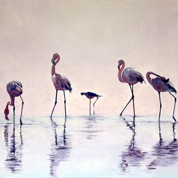 Peinture intitulée "Flamants au point d…" par Arnaud Feuga, Œuvre d'art originale, Bois