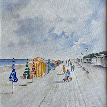 Painting titled "Cabines à Trouville" by Gabrielle, Original Artwork, Watercolor