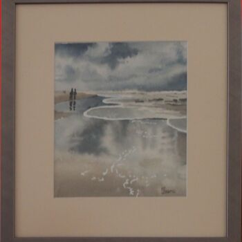 Painting titled "Bord de mer en auto…" by Faby75, Original Artwork, Watercolor Mounted on Cardboard