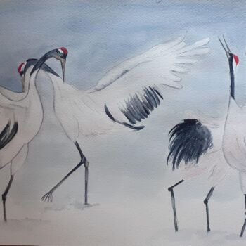 Painting titled "la danse des grues" by Garonne Garonne, Original Artwork, Watercolor