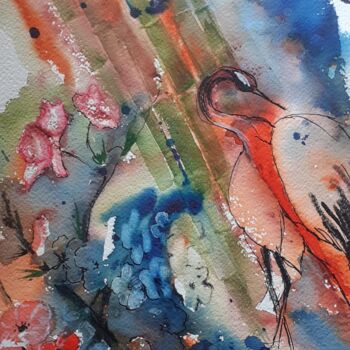 Painting titled "la grue rouge 2" by Garonne Garonne, Original Artwork, Watercolor