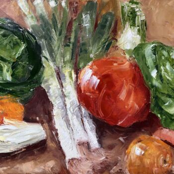 Painting titled "À la soupe!" by Anne Vervoort, Original Artwork, Oil Mounted on Wood Stretcher frame