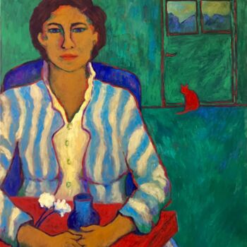 Painting titled "L'attente du Chat" by Jacques Metairie, Original Artwork, Oil