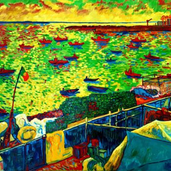 Painting titled "Le port de Cascais" by Jacques Metairie, Original Artwork, Oil