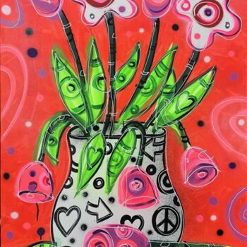 Painting titled "PRIMARY FLOWERS RED" by Yako, Original Artwork, Acrylic