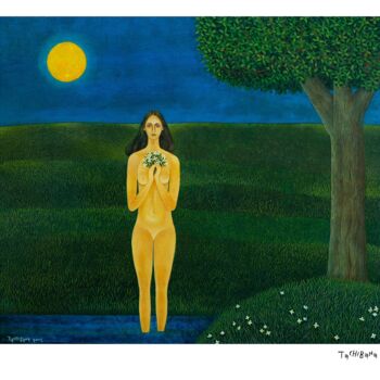 Peinture intitulée "Mujer con flores" par Yoshiro Tachibana, Œuvre d'art originale, Acrylique