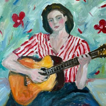Malarstwo zatytułowany „Woman with a Guitar” autorstwa Irina Anis, Oryginalna praca, Olej Zamontowany na Drewniana rama noszy