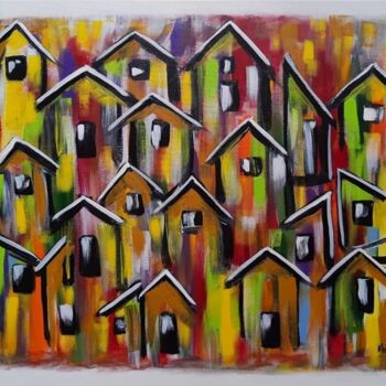 Painting titled "Quadro de Casinhas…" by Marly Genuino, Original Artwork, Acrylic Mounted on Wood Stretcher frame