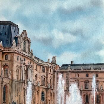 Картина под названием "Louvre Museum, Paris" - Darrencareyart Darren Carey, Подлинное произведение искусства, Акварель Устан…