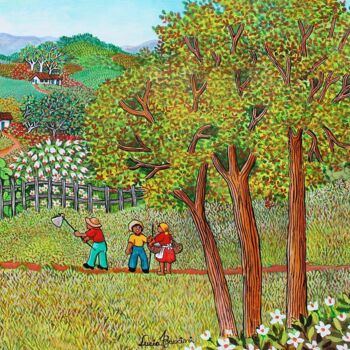 Painting titled "Tres arvores" by Lucia Buccini, Original Artwork, Oil Mounted on Wood Stretcher frame