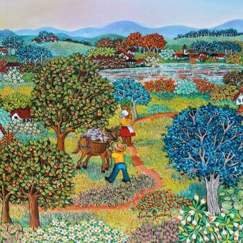 Painting titled "Burrinho teimoso" by Lucia Buccini, Original Artwork, Oil Mounted on Wood Stretcher frame