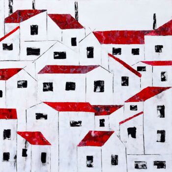Malerei mit dem Titel "Red roofs 25" von Poonam Choudhary, Original-Kunstwerk, Acryl Auf Keilrahmen aus Holz montiert