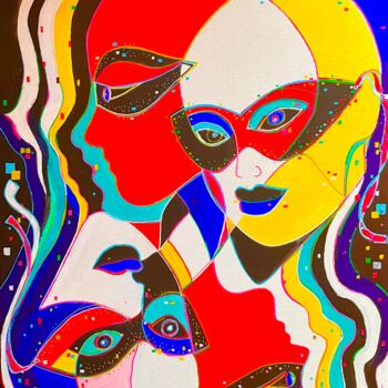 Peinture intitulée "Masques" par Anita Bauer, Œuvre d'art originale, Acrylique Monté sur Carton