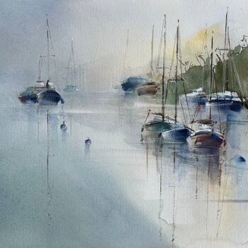 Peinture intitulée "Pier in the Morning…" par Mkate, Œuvre d'art originale, Aquarelle
