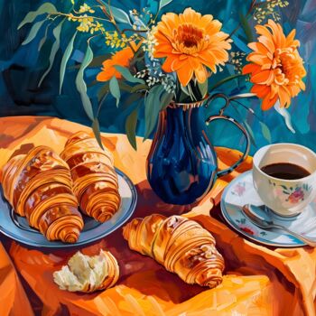 Digital Arts με τίτλο "Croissants & Coffee…" από 春宇 关, Αυθεντικά έργα τέχνης, Εικόνα που δημιουργήθηκε με AI Τοποθετήθηκε στ…