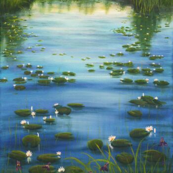 제목이 "Serene lily pond 2"인 미술작품 Ludmilla Ukrow로, 원작, 기름 나무 들것 프레임에 장착됨