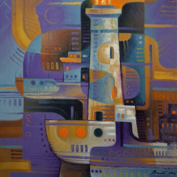 Painting titled "Lighthouse and ships" by Serhii Voichenko, Original Artwork, Oil