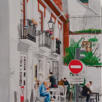 Painting titled "A cafe in Granada S…" by Paul Sullivan, Original Artwork, Acrylic Mounted on Wood Stretcher frame