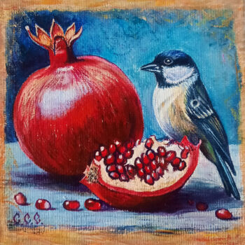 Malarstwo zatytułowany „Titmouse and pomegr…” autorstwa Sergey Suslov, Oryginalna praca, Olej Zamontowany na Karton