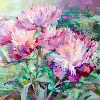Painting titled "Fragrant peonies" by Gennadi Alekhnovich, Original Artwork, Oil
