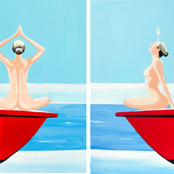 Painting titled "Diptych Yacht Yoga:…" by Kristina Mallen, Original Artwork, Acrylic Mounted on Wood Stretcher frame