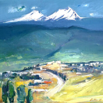 Painting titled "Beneath Ararat's Ga…" by Mateos Sargsyan, Original Artwork, Oil Mounted on Wood Stretcher frame