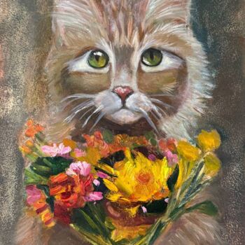 Peinture intitulée "Cat with a Bouquet" par Svetlana Leont Eva, Œuvre d'art originale, Huile