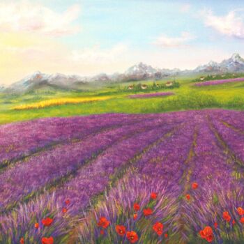Malarstwo zatytułowany „Lavender field Prov…” autorstwa Ludmilla Ukrow, Oryginalna praca, Olej Zamontowany na Drewniana rama…