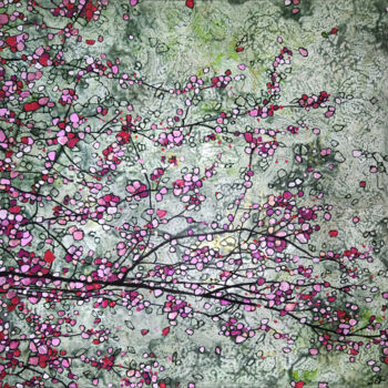 Painting titled "Branche de cerisier" by Sophie Cantou, Original Artwork, Acrylic Mounted on Wood Stretcher frame