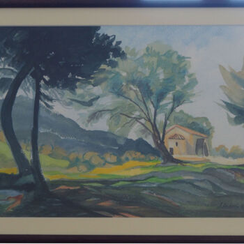 Painting titled "Arbres et chapelle" by Faby75, Original Artwork, Watercolor Mounted on Cardboard