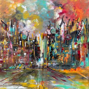 Painting titled "Lost in the City" by Mo Tuncay (Paschamo), Original Artwork, Acrylic Mounted on Wood Stretcher frame