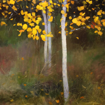 Painting titled "Golden aspens" by Daniil Mikhailov, Original Artwork, Oil Mounted on Wood Stretcher frame