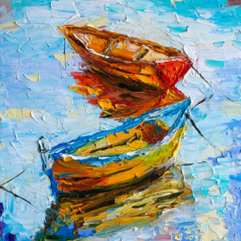 Malerei mit dem Titel "Boats on the river" von Vladyslav Durniev, Original-Kunstwerk, Öl Auf Keilrahmen aus Holz montiert