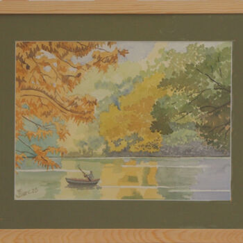 Painting titled "Barque sur un étang…" by Faby75, Original Artwork, Watercolor Mounted on Wood Panel