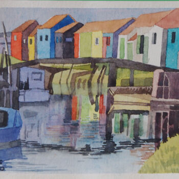 Painting titled "Cabanes de pêcheurs" by Faby75, Original Artwork, Watercolor
