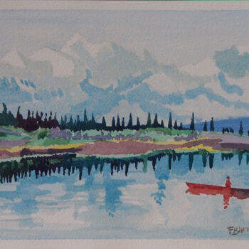 Painting titled "Canoë  rouge sur un…" by Faby75, Original Artwork, Watercolor