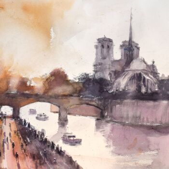 绘画 标题为“Notre  Dame sunset” 由Goran Žigolić (watercolors), 原创艺术品, 水彩