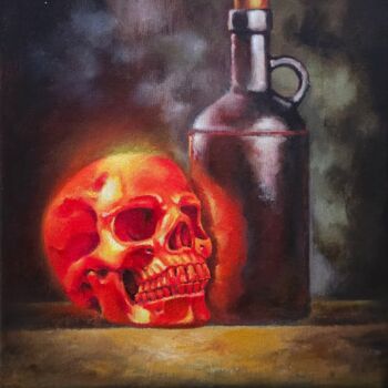 Painting titled "Red Light" by Pavel Zubkov, Original Artwork, Oil Mounted on Wood Stretcher frame