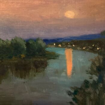 Peinture intitulée "Tranquil River Even…" par Askar Abuov, Œuvre d'art originale, Huile