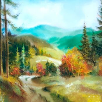 Peinture intitulée "Tranquil Forest Path" par Nurgaliy Abdigaliyev, Œuvre d'art originale, Huile
