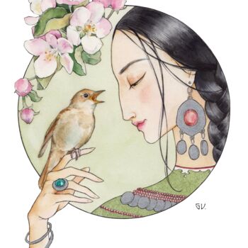 Peinture intitulée "Woman with Nighting…" par Gisele Mar, Œuvre d'art originale, Aquarelle