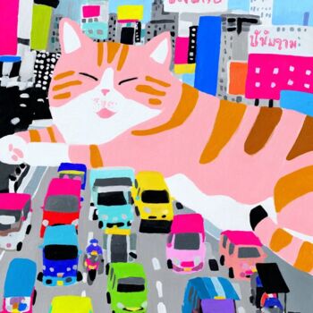 Digitale Kunst mit dem Titel "Giant Orange Cat in…" von Sasha Robinson, Original-Kunstwerk, Digitale Malerei