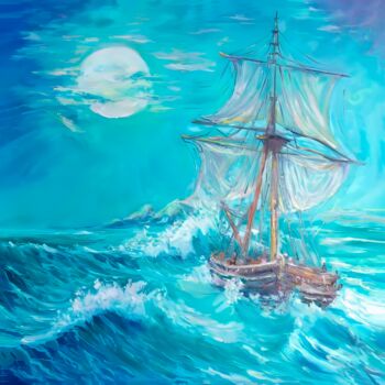 Peinture intitulée "Moonlit Voyage" par Askar Abuov, Œuvre d'art originale, Huile
