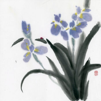Painting titled "Iris and ladybug" by Kseniia Dueva, Original Artwork, Ink