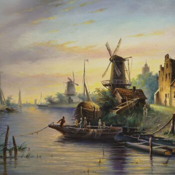 Peinture intitulée "Twilight River Scene" par Nurgaliy Abdigaliyev, Œuvre d'art originale, Huile