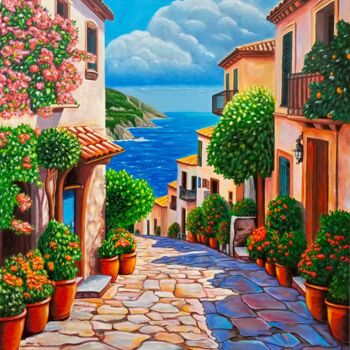 Painting titled "В приморском городк…" by Svetlana Alekseeva K, Original Artwork, Acrylic Mounted on Wood Panel