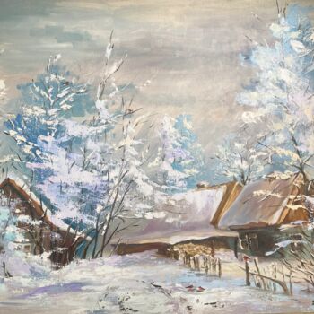 Painting titled "Winter Village" by Nastya Shapochka, Original Artwork, Oil Mounted on Wood Stretcher frame
