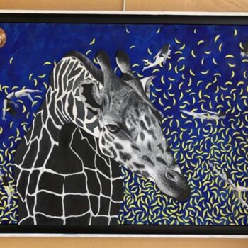 "Girafe ( Sait-elle…" başlıklı Tablo Frank Guillard tarafından, Orijinal sanat, Petrol Ahşap Sedye çerçevesi üzerine monte e…